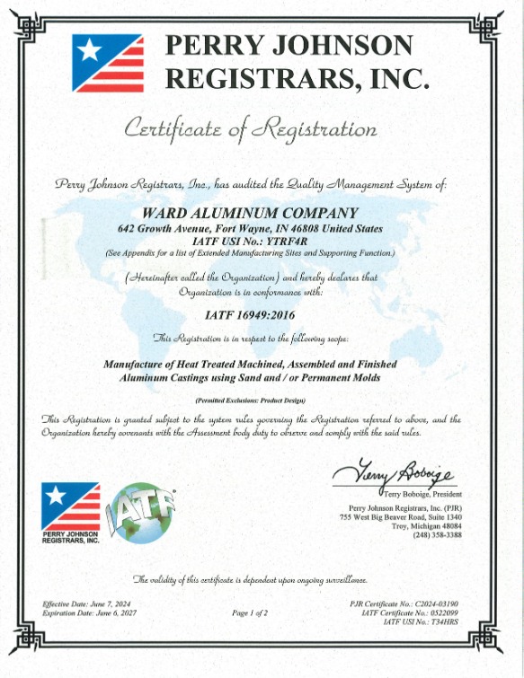 Ward Aluminum Company has it's IATF certification.