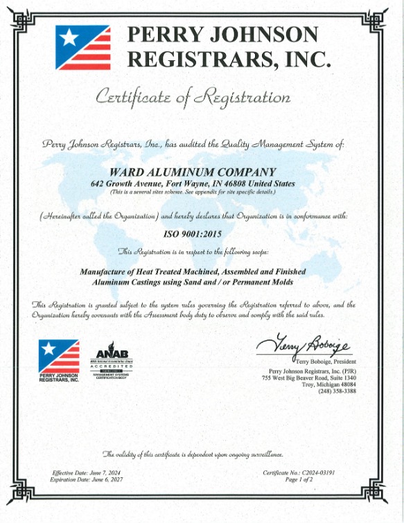 Ward Aluminum Company has it's ISO certification.